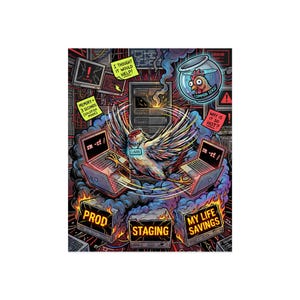 Pode incluir: Uma impressão de arte digital colorida com uma galinha com as asas abertas, rodeada por laptops, servidores e chamas. O texto inclui "PROD", "STAGING" e "MY LIFE SAVINGS". Outros textos incluem "rm -rf", "I thought it would help!" e "Common Sense".