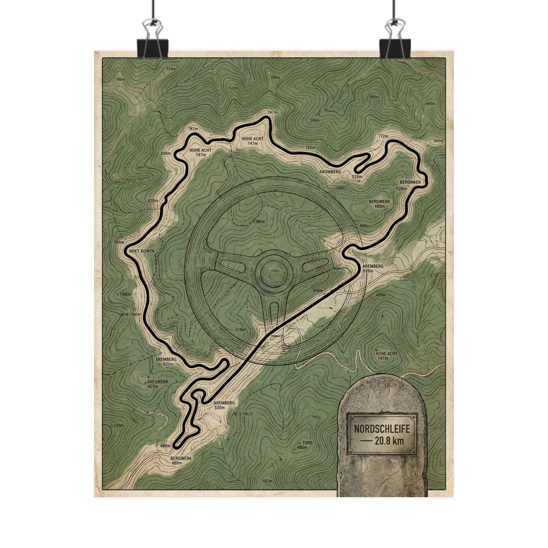 Vintage Racing Maps F1 Wall Art Nurburgring Track Map Poster: Vintage Topographic ...