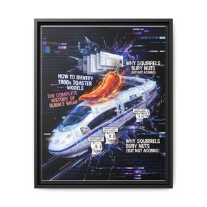 Pode incluir: Impressão artística emoldurada com um comboio de alta velocidade e uma pimenta flamejante. O texto inclui "Como identificar os modelos de torradeiras dos anos 80" e "Por que os esquilos enterram nozes (mas não bolotas)".