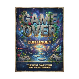 May include: A rectangular poster with a fantasy video game theme. The words "GAME OVER" are in large, stone-like letters, with vines and flowers. Below, "CONTINUE? YES" is displayed. The bottom text reads, "THE BEST SAVE POINT WAS YOUR COURAGE."