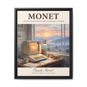 Puede incluir: Impresión artística enmarcada que representa un ordenador Apple II vintage sobre un escritorio, con una vista de la puesta de sol a través de una ventana. La impresión se titula "MONET" e incluye el texto "APPLE II COMPUTER IN THE CALIFORNIA SUNRISE". También se incluye el nombre del artista y el museo.
