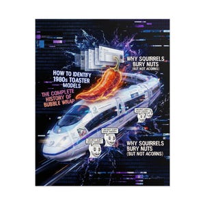 May include: Digital art print with a high-speed train, a flaming chilli pepper, and text. The text includes "How to Identify 1980s Toaster Models" and "Why Squirrels Bury Nuts (But Not Acorns)". The background features binary code.