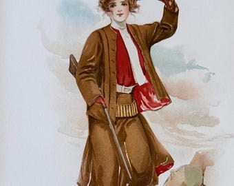 Lithographie ancienne représentant une femme à la chasse (époque édouardienne)