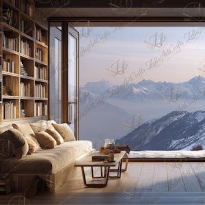 Mountain View Library Zoom Background | Cozy Book Room, Snowy Peaks & Large Window Virtual Backdrop | Luxury Meeting BG