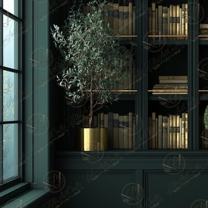 May include: A dark teal bookshelf filled with vintage books, potted plants, and decorative items. The books have gold-toned spines. A window with a view of trees is on the left.