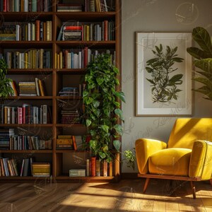 May include: A cozy living room scene with a yellow armchair, a wooden bookshelf filled with books, and a framed botanical print. Green plants add a touch of nature. Sunlight streams through a large window.