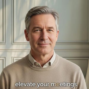 Puede incluir: Un hombre de mediana edad con cabello gris y expresión neutra, vistiendo un suéter beige y una camisa con cuello. El texto "elevate your meetings" se muestra en la parte inferior de la imagen. El fondo presenta una pared blanca con molduras decorativas.