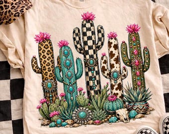 Western Cactus PNG, Turquoise Cowgirl Cactus Design, Leopard Cow Print Desert Sublimation, Boho Southwestern Digital Download