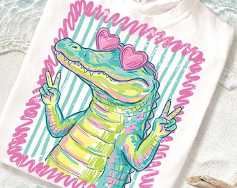 Pastel Alligator PNG, Cute Preppy Gator PNG, Stiped Summer PNG Peace Sign Alligator Design, Southern Coastal Digital Download