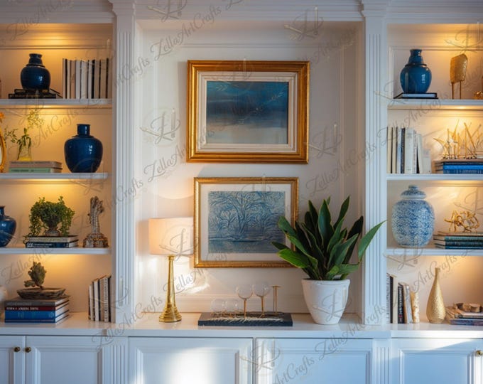 Built-in Shelves Zoom Background, Cozy Home Office Bookcase, Blue White ...