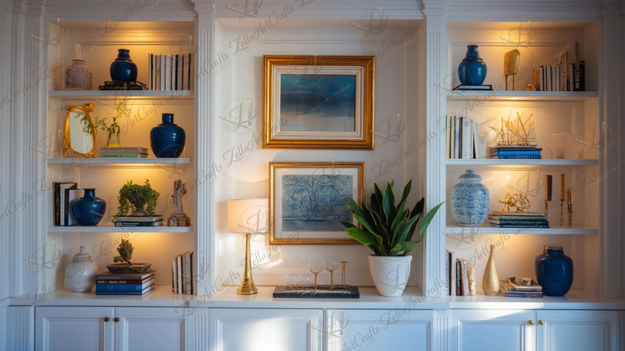 Built-in Shelves Zoom Background, Cozy Home Office Bookcase, Blue White ...
