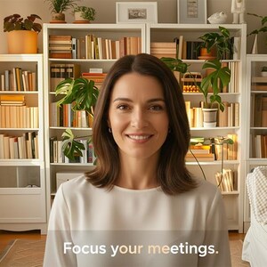 May include: A woman in a white top smiles in front of a bookshelf filled with books and plants. The text "Focus your meetings" is at the bottom of the image. The room has a lamp and a couch.