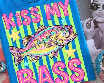 Kiss My Bass PNG, Divertente PNG di pesca, Design colorato di pesce persico, Divertente PNG per magliette per papà, PNG estivo per borse da spiaggia, Download digitale