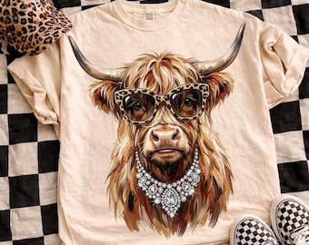 Highland Cow PNG, Leopard Sunglasses Cow PNG, Glam Cow Portrait, Western Boutique Sublimation Digital Download