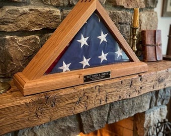 Flag Display Case, Oak, for RETIREMENT 3x5 Flag, Customizable Brass Plaque