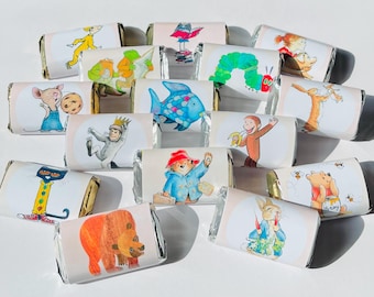 Envoltorios de mini barras de caramelos con personajes de cuentos para baby showers, fiestas, eventos, recuerdos y regalos. Juego de 50 (bombones no incluidos). Personalizados.