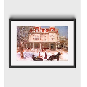 May include: A framed watercolour print depicting a large house with a red roof and a porch, situated in a snowy landscape. In the foreground, a horse-drawn carriage moves across the snow, with dark trees visible on the left side of the scene.