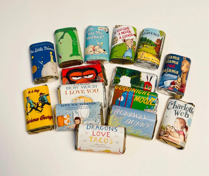 Children's Book Mini Candy Bar Wrappers for Showers Party Events Favors Gifts -Set of 50 *Chocolates Not Included* Personalized bild 1