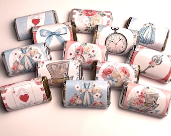 Alice in Wonderland Mini Candy Bar Wrappers for Showers Party Favors Gifts -Set of 50 *Chocolates Not Included* Personalized