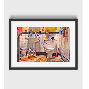 May include: A framed watercolour painting of a bathroom interior featuring a white pedestal sink, a toilet, and tiled walls. The scene includes various toiletries, a small step stool, a trash can, and a red plunger, all rendered in warm tones.