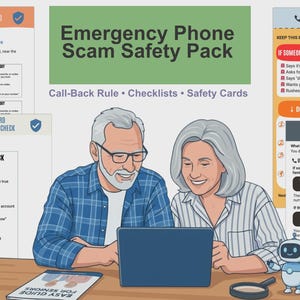 May include: An illustration of an elderly couple using a laptop, with the text "Emergency Phone Scam Safety Pack." The image includes checklists, safety cards, and a small robot. A magnifying glass and a booklet are on the table.