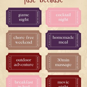 K&ouml;nnte beinhalten: Eine Sammlung druckbarer Liebesgutscheine mit S&auml;tzen wie "Spielabend", "Cocktailabend" und "Filmabend". Die Gutscheine sind in verschiedenen Farben gehalten, darunter Lila, Rosa und Braun, mit dem Text "einfach so" oben.