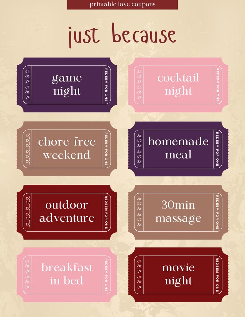 K&ouml;nnte beinhalten: Eine Sammlung druckbarer Liebesgutscheine mit S&auml;tzen wie "Spielabend", "Cocktailabend" und "Filmabend". Die Gutscheine sind in verschiedenen Farben gehalten, darunter Lila, Rosa und Braun, mit dem Text "einfach so" oben.