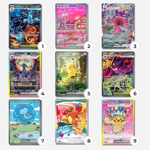 May include: A collection of nine rectangular trading cards featuring various colorful Pokémon characters including Charizard, Mew, Gengar, Umbreon, and Pikachu. Each card displays unique artwork, character names, HP values, and game text in English.