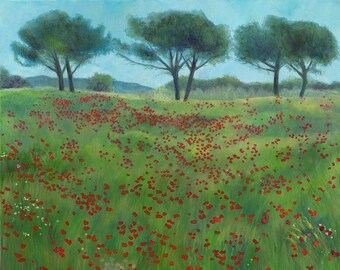 Italian Landscape  Red "Tuscan Poppies"  with Olive Trees  Cortona in Tuscany Biking Destination  European Fine Art Note Card