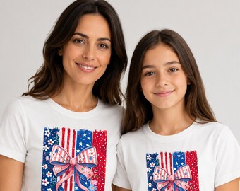 Coquette Bow American Flag DTF Transfer, Flora USA Flag Shirt, Patriotic Woman Shirt, Fourth Of July Shirt (Ready to Press)