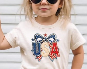 USA Coquette DTF Transfer, America 250th Patchwork Style Shirt, Patriotic Bow Shirt DTF, Coquette 4th of July Shirt (Ready to Press)