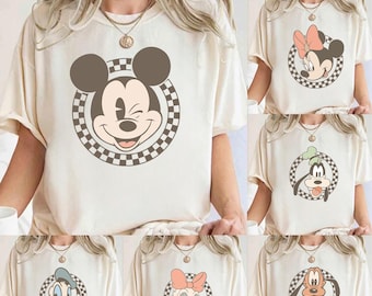 Retro Disney DTF Transfer Ready to Press, Mickey Minnie Checkerboard Shirt Heat DTF, Vintage Cartoon Round Iron On Design for Tee