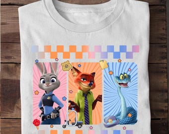 Zootopia DTF Transfer,  Nick Judy Snake Retro Shirt Heat Transfer, Checkerboard Panel Cartoon Iron On Design for Tee (Ready to Press