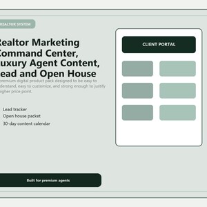Könnte beinhalten: Ein digitales Produktpaket mit dem Text "Realtor Marketing Command Center, Luxury Agent Content, Lead and Open House". Das Design umfasst einen "Client Portal"-Button und eine Liste von Funktionen: Lead-Tracker, Open-House-Paket und 30-Tage-Content-Kalender.