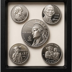 May include: A framed display of five silver coins. The coins feature portraits, the Statue of Liberty, and the text "1776-2026" and "In God We Trust". The frame is black, and the background is off-white.