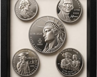 1776-2026 Semi-Quincentennial Nickel, Dime, Mayflower Quarter, Revoluntary War Quarter & Half Dollar — 5 Uncirculated Coins in Display Case
