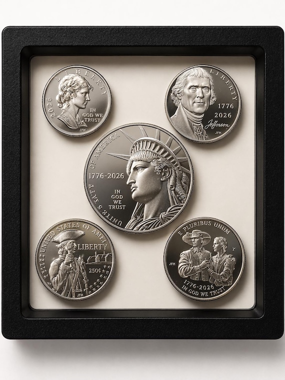1776-2026 Semi-Quincentennial Nickel, Dime, Mayflower Quarter, Revoluntary War Quarter & Half Dollar — 5 Uncirculated Coins in Display Case