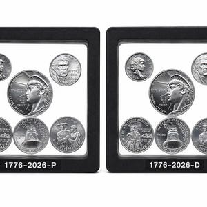 May include: Two square black display frames containing silver-colored commemorative coins. Each frame holds five coins featuring historical figures and symbols, with the text 1776-2026-P on the left frame and 1776-2026-D on the right frame.