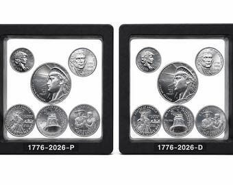 1776-2026 Semi-Quincentennial -6 Uncirculated Coins-Declaration of Indep, Mayflower, Revolutionary War Quarters, Nickel, Dime  & Half Dollar