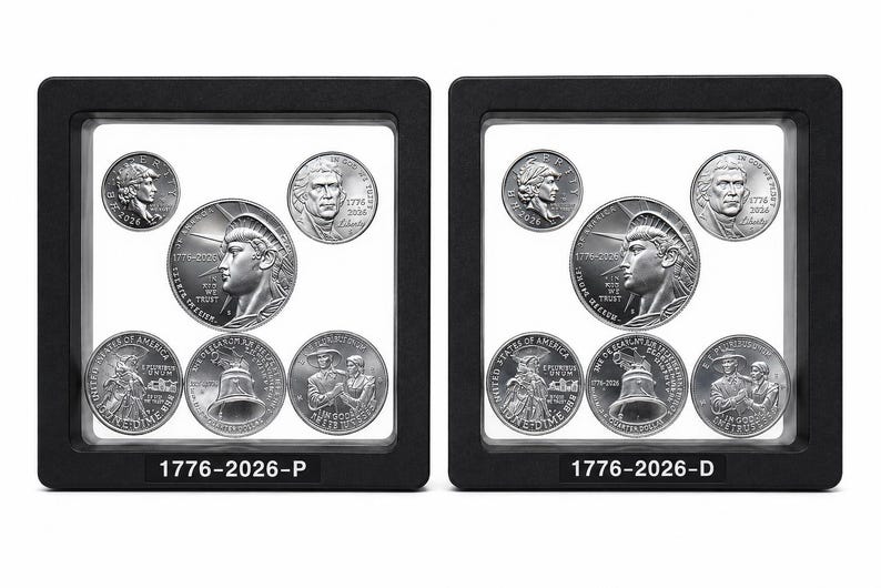 May include: Two square black display frames containing silver-colored commemorative coins. Each frame holds five coins featuring historical figures and symbols, with the text 1776-2026-P on the left frame and 1776-2026-D on the right frame.
