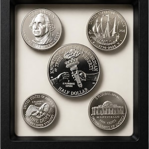 May include: A framed display of five silver coins. The coins feature images of George Washington, a sailing ship, a torch, an eagle, and Monticello. The frame is black, and the background is off-white.