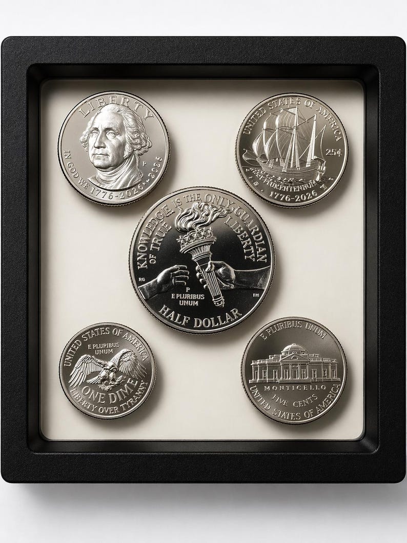 May include: A framed display of five silver coins. The coins feature images of George Washington, a sailing ship, a torch, an eagle, and Monticello. The frame is black, and the background is off-white.