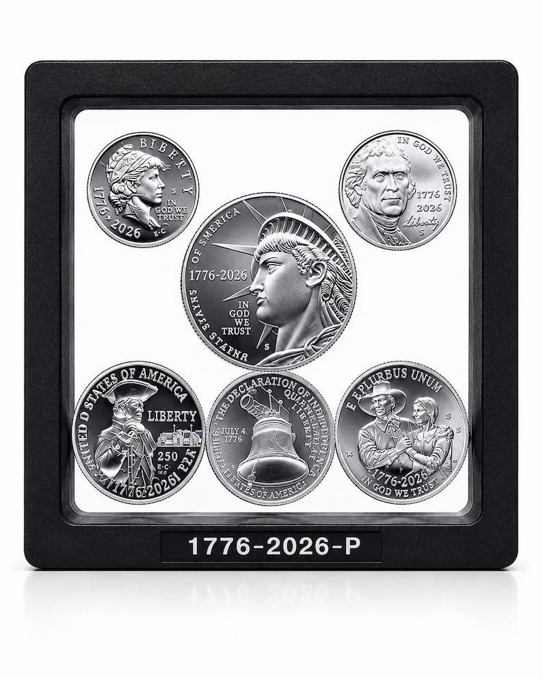 May include: A black square display frame containing five silver-toned commemorative coins. The coins feature historical American imagery, including the Statue of Liberty, the Liberty Bell, and portraits, with the text 1776-2026-P on the frame base.