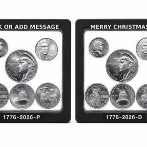 May include: Two black square floating display frames containing silver-toned commemorative coins. The left frame features the text BLANK OR ADD MESSAGE and 1776-2026-P. The right frame features MERRY CHRISTMAS JAN and 1776-2026-D. Each frame holds five coins.