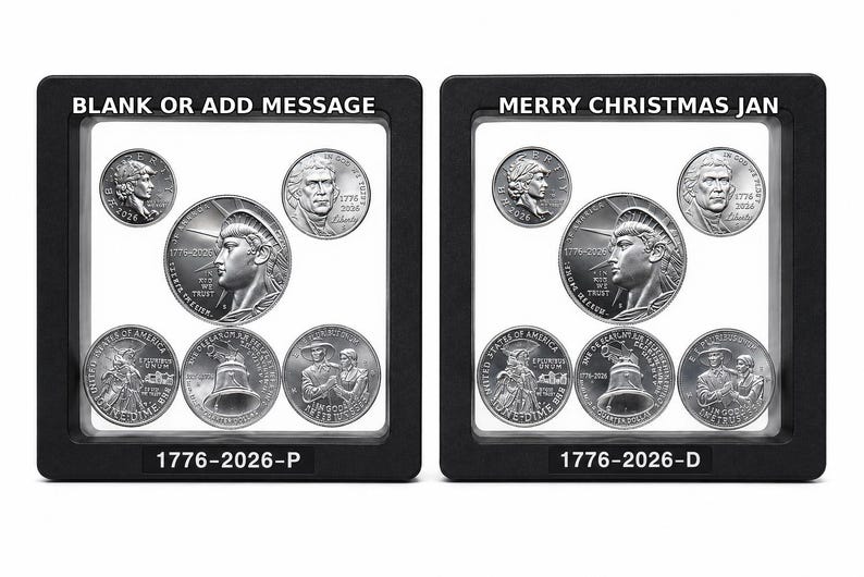May include: Two black square floating display frames containing silver-toned commemorative coins. The left frame features the text BLANK OR ADD MESSAGE and 1776-2026-P. The right frame features MERRY CHRISTMAS JAN and 1776-2026-D. Each frame holds five coins.