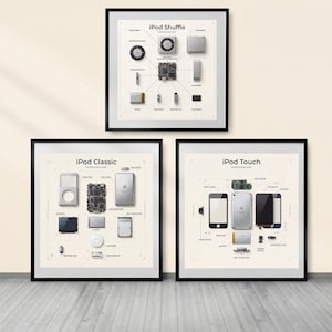 Puede incluir: Tres impresiones enmarcadas que muestran los componentes internos de los modelos de iPod: iPod Shuffle, iPod Classic e iPod Touch. Cada impresión presenta un diagrama con piezas etiquetadas y un fondo neutro, todo dentro de marcos negros.
