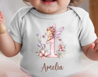 Body premier anniversaire fée avec nom, grenouillère 1er anniversaire personnalisée pour bébé fille, tenue de bébé personnalisée fée florale
