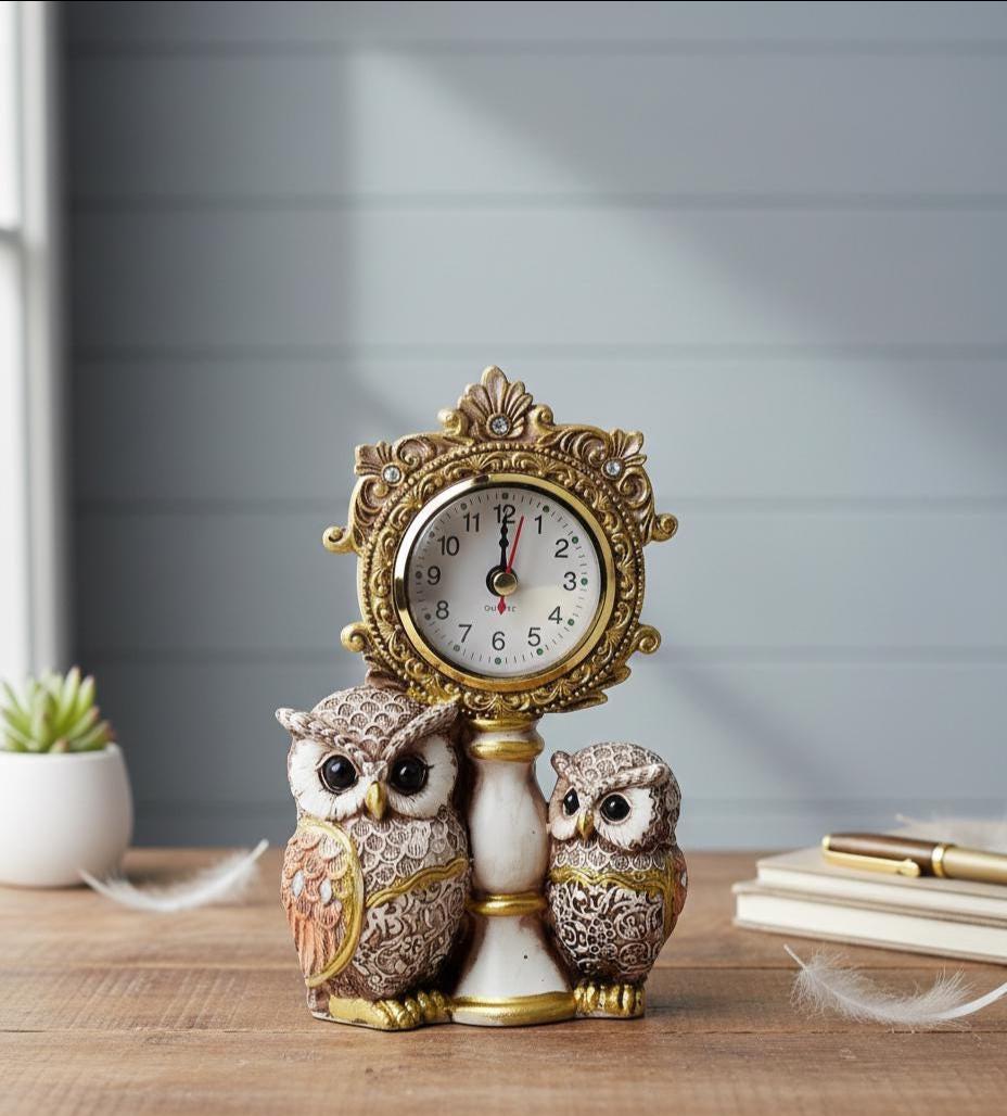 Luxury Owl Figurine with Clock Set (2 Pieces) | Decorative Desk Statue