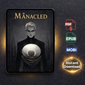 Op de afbeelding: Digitale illustratie op een tablet van een persoon met een bleke huid en wit haar, die een gloeiende bol vasthoudt. De titel "MÅNACLED" wordt weergegeven. Pictogrammen voor PDF-, EPUB- en MOBI-formaten, met een "Direct downloaden"-afbeelding.