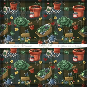 May include: A repeating pattern featuring gardening elements on a plaid background. Includes potted plants, cabbages, baskets of produce, watering cans, and signs that say "pick me". The text "Hand drawn" and "Digital download" are also visible.